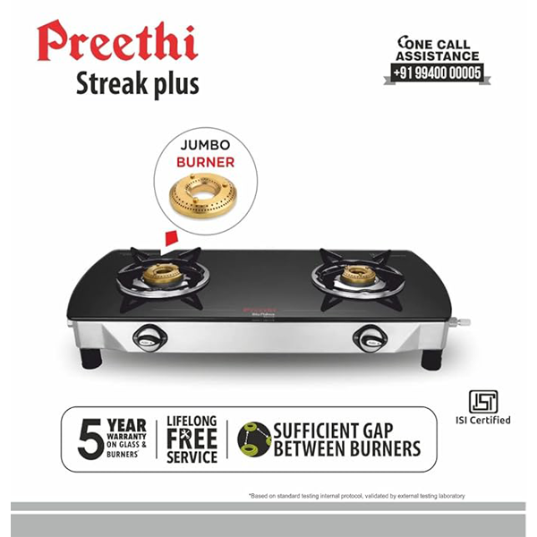 Buy Preethi Streak+ 2 Burner Jumbo With Bati Gas Stove - Vasanth and Co