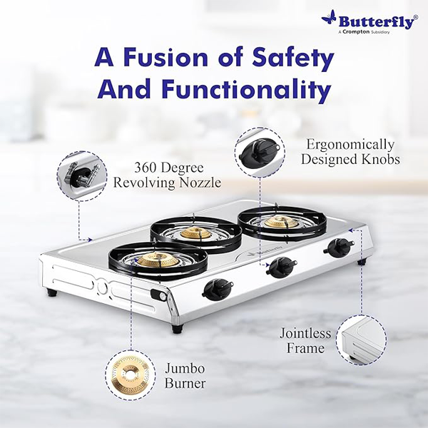 Buy Butterfly Bolt Shakti 3B Stainless Steel LPG Gas Stove - Vasanth and Co
