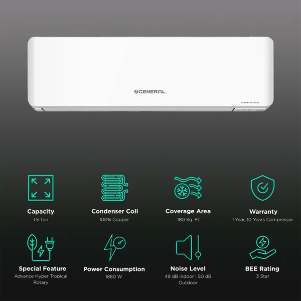 Buy OGeneral 1.5 Ton 3 Star ASGG18CPAA-B (R32)Inverter Split Air Conditioner - Vasanth & Co