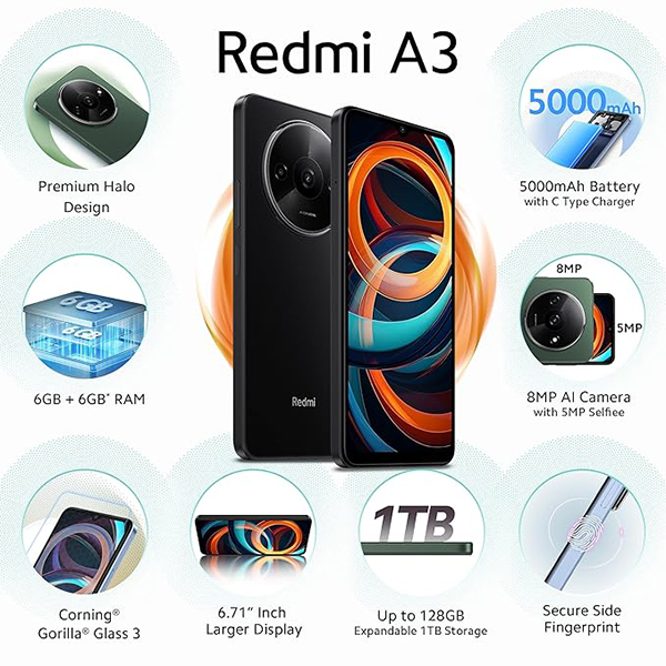 Buy Redmi A3 4 GB RAM 128 GB Midnight Black Mobile Phone - Vasanth and Co