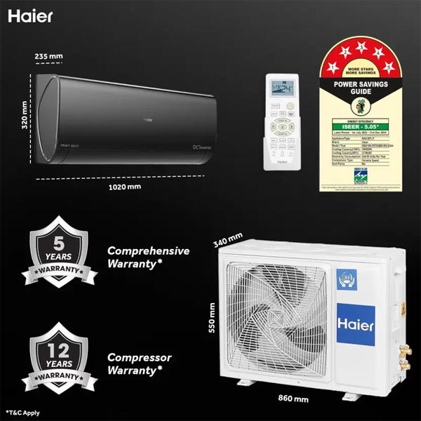 Buy Haier 1.6 Ton 5 Star HSU19K-PZFB5BN-INV White Hot and Cold Split Inverter Air Conditioner - Vasanth & Co