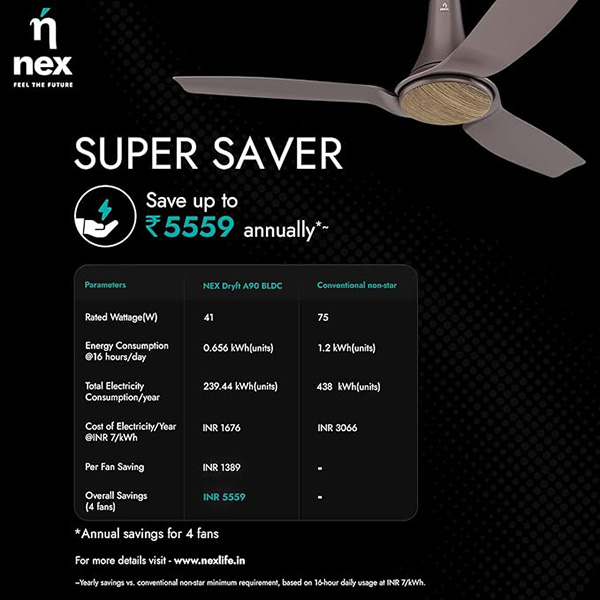 Buy Nex Dryft A90 BLDC 1200mm 5 Star Chestnut Ceiling fan - Vasanth & Co