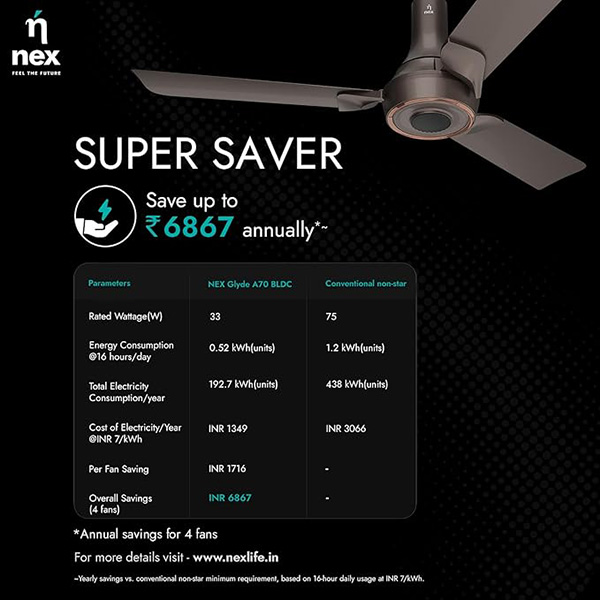 Buy Nex Glyde A70 5 Star 1200mm 3 Blade BLDC Brown Ceiling Fan - Vasanth & Co