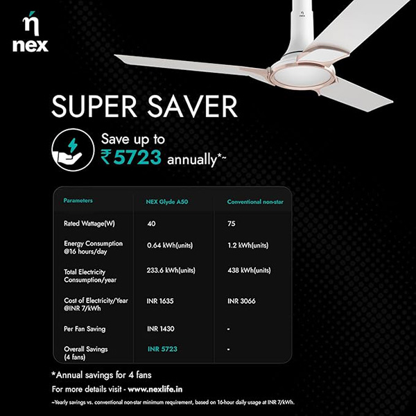Buy Nex Glyde A50 4 Star 1200 mm 3 Blade Snow White Ceiling Fan  - Vasanth & Co