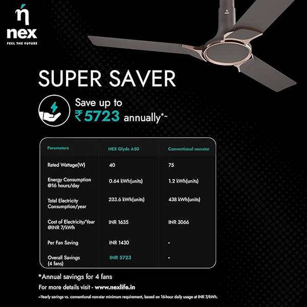 Buy Nex Glyde A50 4 Star 1200mm 3 Blade BLDC Brown Ceiling Fan - Vasanth & Co