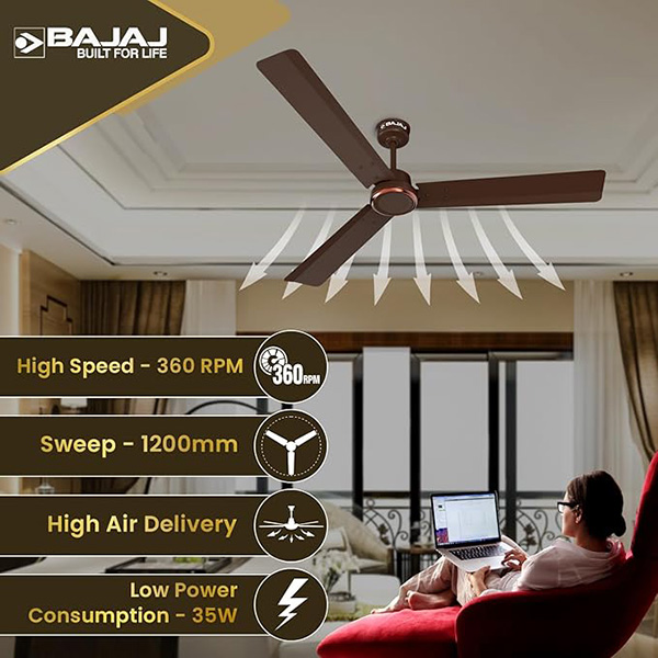 Bajaj Classico Sleek Plus 1200mm Red Walnut Ceiling Fan - Home Appliances