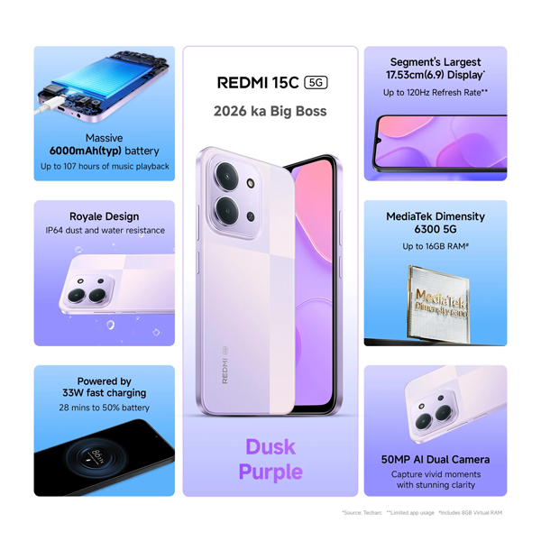 Buy Redmi 15C 5G 4GB 128GB Dusk Purple Mobile Phone – Vasanth and Co