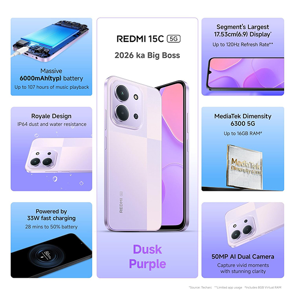 Buy Redmi 15C 5G 8 GB RAM 128 GB Dusk Purple Mobile Phone – Vasanth and Co