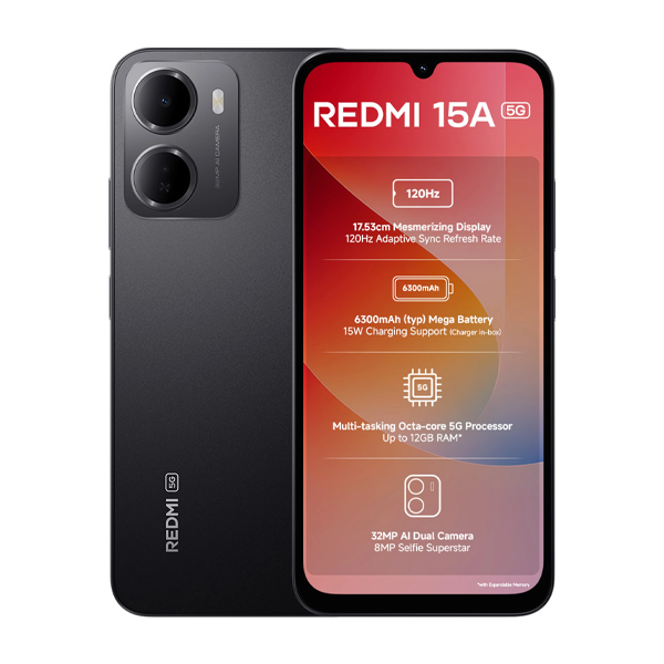 Buy Redmi 15A 5G 6GB RAM 128GB Ace Black Mobile Phone - Vasanth & Co