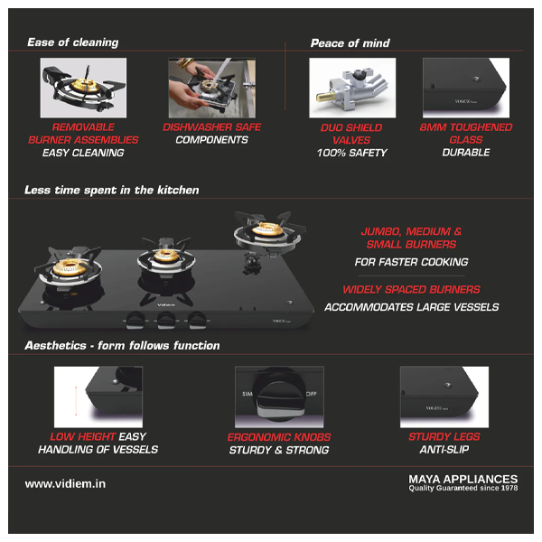 Buy Vidiem Vogue Vesta 3 Burner Glass Manual Gas Stove - Vasanth & Co