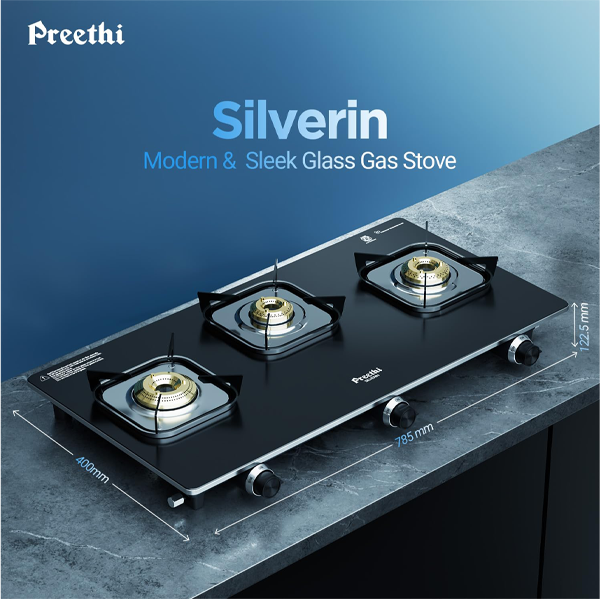 Buy Preethi Silverin 3 Burner Glass Top Gas Stove - Vasanth & Co
