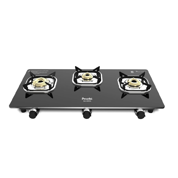 Buy Preethi Silverin 3 Burner Glass Top Gas Stove - Vasanth & Co