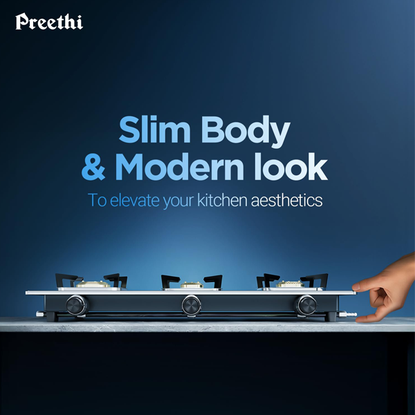 Buy Preethi Silverin 3 Burner Glass Top Gas Stove - Vasanth & Co