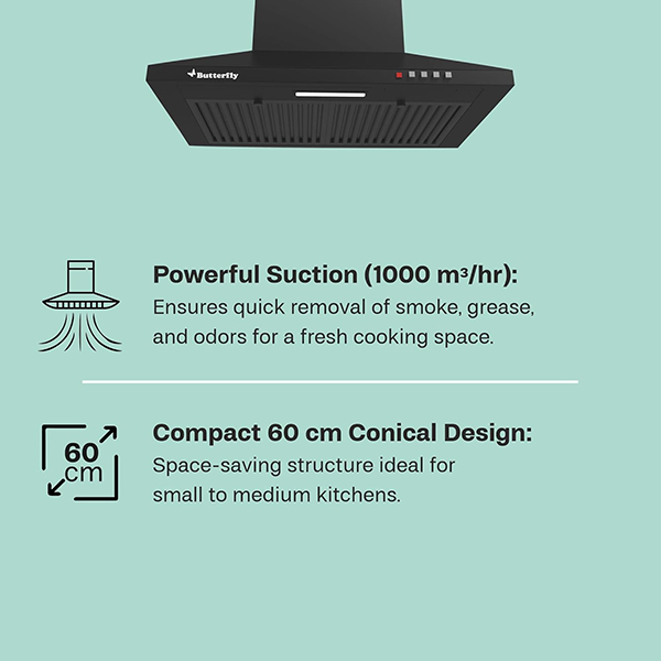 Buy Butterfly 60 cm CH 601 Black Matte Finish Conical Chimney - Vasanth & Co