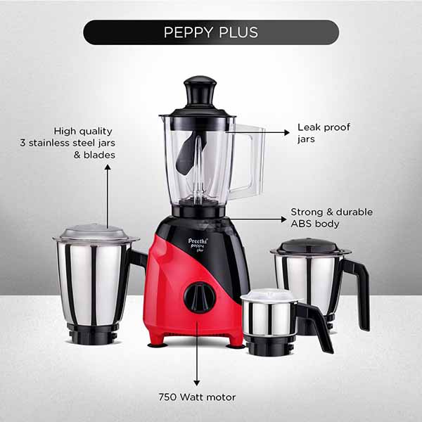 Buy Preethi 4 Jars 750 Watts MG246 Peppy Plus Red & Black Mixer Grinder Online - Vasanth & Co