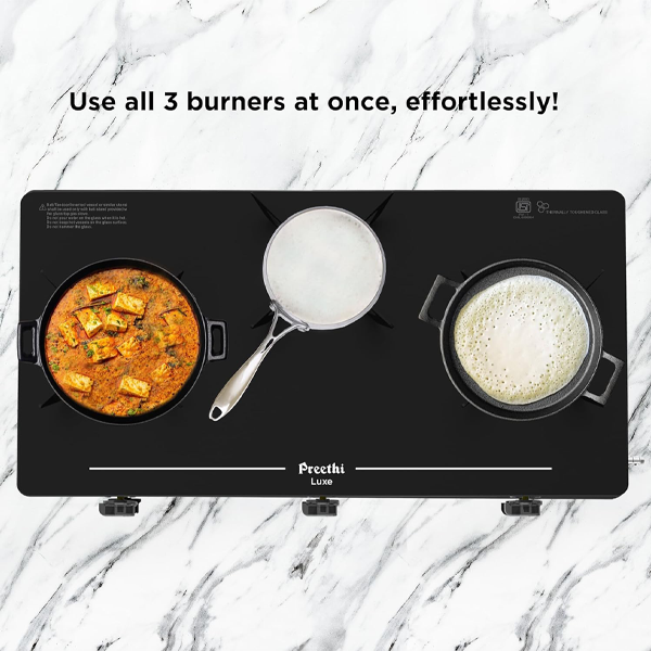 Buy Preethi Luxe 3 Burner GTS415 Black Glass Top Gas Stove Online - Vasanth & Co