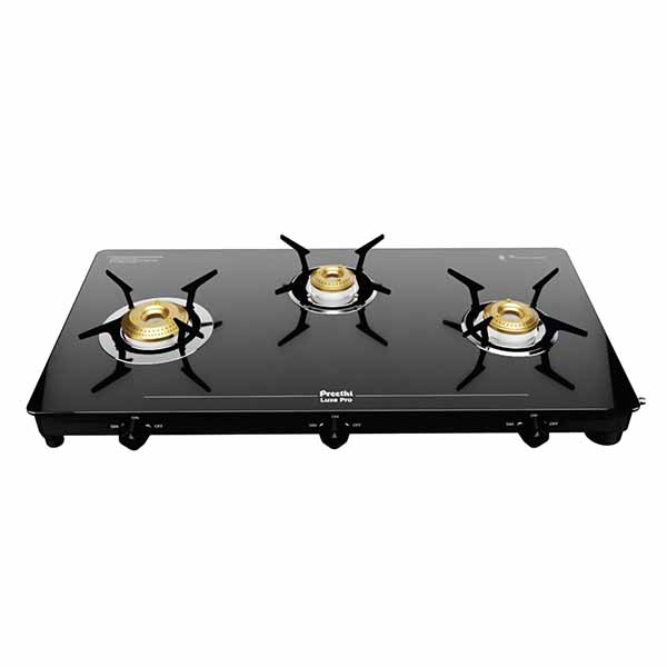 Buy Preethi 3 Burner Luxe Pro GTS417 Black Glass Top Gas Stove Online - Vasanth & Co