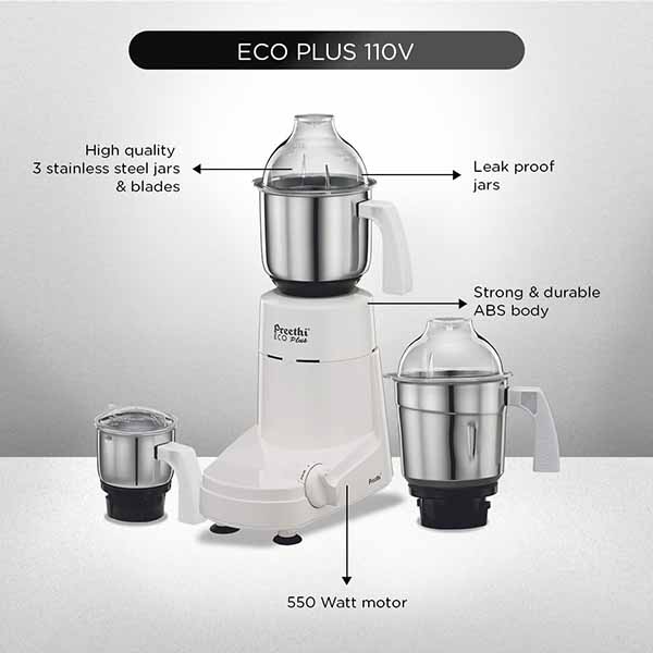 Buy Preethi 3 Jars 110V 550 Watts Eco Plus MG 138 White Mixer Grinder Online - Vasanth & Co