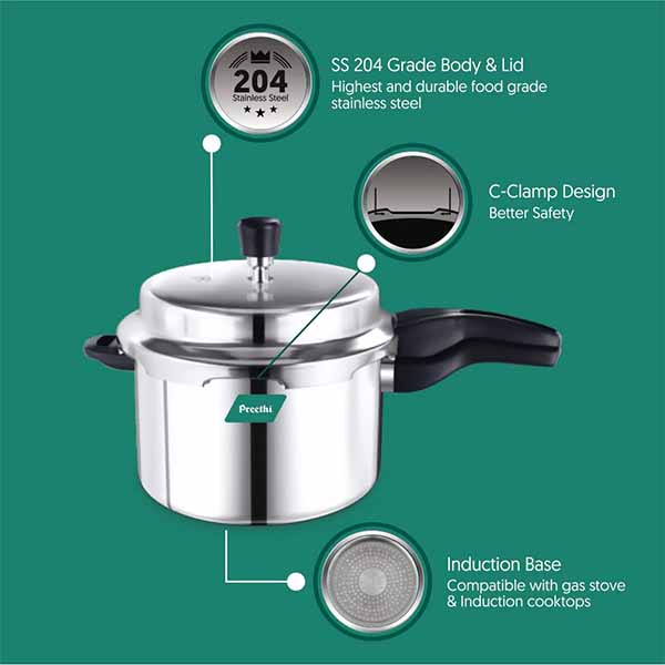 Buy Preethi 3 L Neo SS204 PC 021 Induction Base Silver Pressure Cooker Online - Vasanth & Co