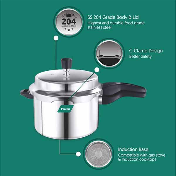 Buy Preethi 5 L Neo PC 018 Stainless Steel Silver Pressure Cooker Online - Vasanth & Co