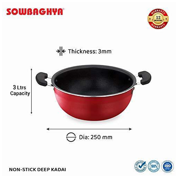 Buy Sowbaghya 3L Red Non Stick Deep Kadai with Stainless Steel Lid - Vasanth and Co