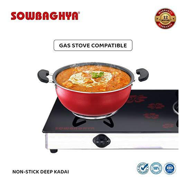 Buy Sowbaghya 3L Red Non Stick Deep Kadai with Stainless Steel Lid - Vasanth and Co