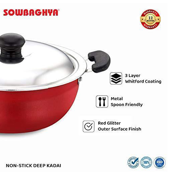 Buy Sowbaghya 3L Red Non Stick Deep Kadai with Stainless Steel Lid - Vasanth and Co