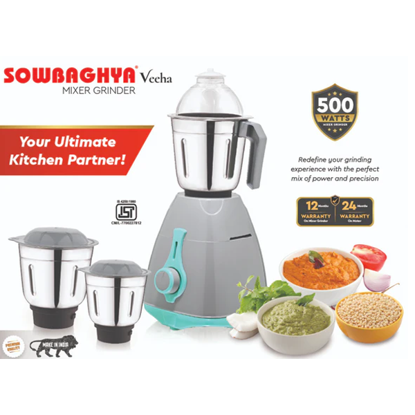 Buy Sowbaghya Veeha 500 Watts Grey with Teal Mixer Grinder - Vasanth and Co