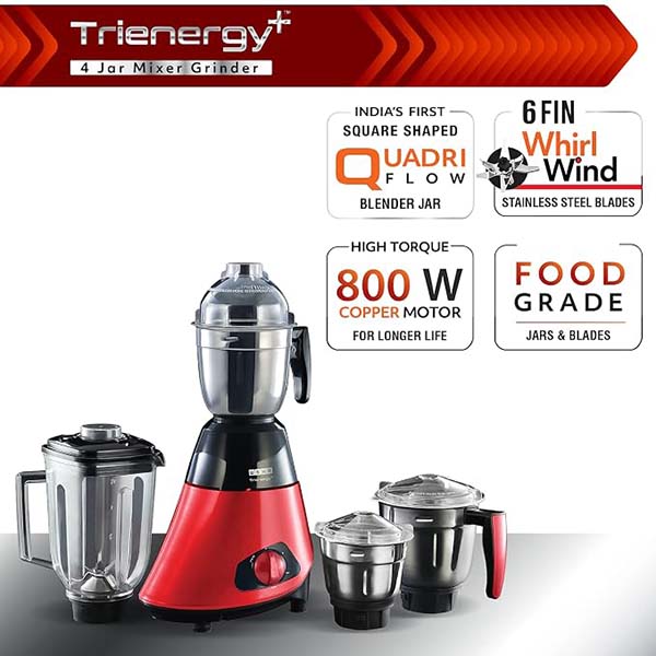 Buy Usha 800 W Trienergy TP800MX4 4 Jars Black & Red Mixer Grinder - Vasanth and Co
