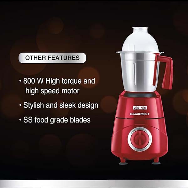 Buy Usha 800W Thunderbolt 3 Jars Red Copper Motor Mixer Grinder - Vasanth and Co