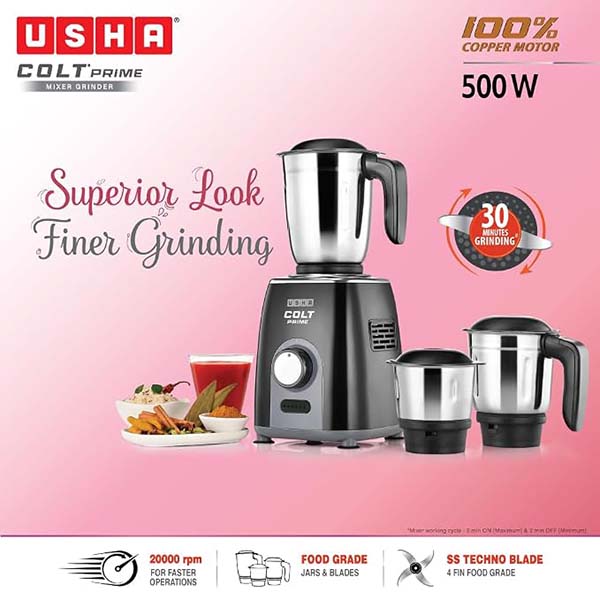 Buy Usha 500W 3 Jars Colt Prime Mixer Grinder - Vasanth and Co