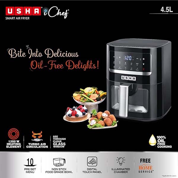 Buy Usha 1350W 4.5L Black iChef Smart Digital Air Fryer with Touch Panel - Vasanth and Co