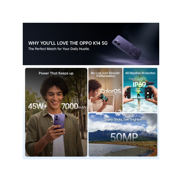 Buy Oppo K14 5G 6GB 128GB Prism Violet Mobile Phone Online - Vasanth and Co