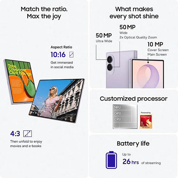 Buy Samsung Galaxy Z Fold8 5G 12GB 256GB Lavender Mobile Phone Online - Vasanth and Co