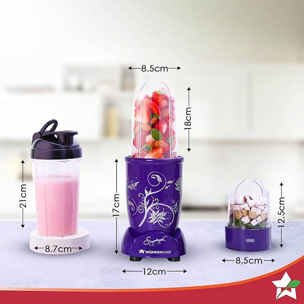 Buy Wonderchef 500 Watts 3 Jars & Sipper Jar Nutri blend Purple Mixer Grinder Online - Vasanth and Co