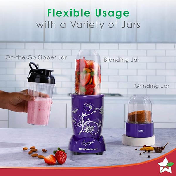 Buy Wonderchef 500 Watts 3 Jars & Sipper Jar Nutri blend Purple Mixer Grinder Online - Vasanth and Co