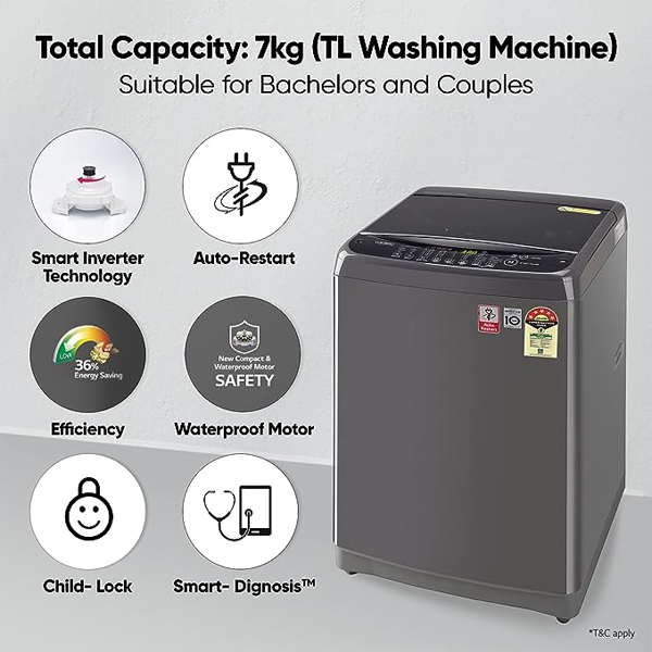 LG 7 Kg 5 Star Inverter Fully Automatic Top Loading Washing Machine (T70SJMB1Z, Middle Black, Jet Spray+) | Vasanth &amp; Co